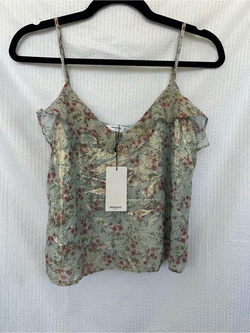 NWT Mango Sheen Metallic Floral Ruffle Cami Top Sage Green Size XXS